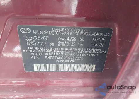 2007 Hyundai Sonata Gls из США, поврежденный, VIN 5NPET46C97H232275